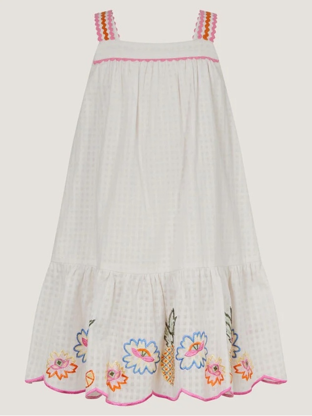 Monsoon White Embroidered Floral Sundress with Pink Trim
